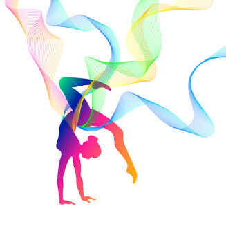 Rhythmic gymnastics. Vector silhouette of girl with multicolored lines