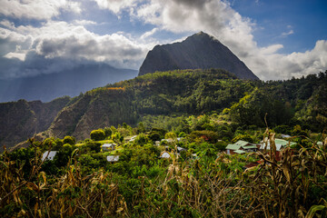 Fototapeta premium View of Ilet à Malheur, a small village in the Cirque de Mafate, a caldera on Réunion Island