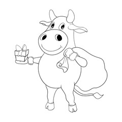 Black-white Vector illustration. Cartoon bull with a bag of gifts. Cheerful cow. Symbol of 2021.