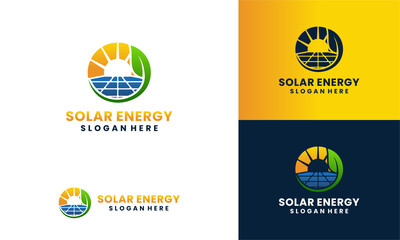 solar panel and sun energy logo with leaf concept logo design template