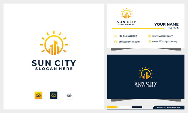 building logo with sun concept and business card design template