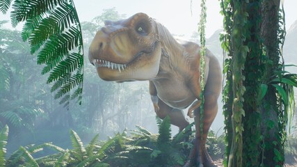 The Tyrannosaurus Rex dinosaur slowly creeps up on its prey in a thicket of green prehistoric jungle. View of the green prehistoric jungle forest on a Sunny morning. 3D Rendering. © designprojects