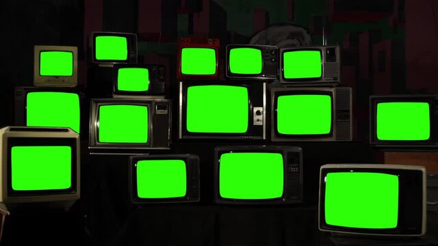 Stack of Retro TVs Turning On with Green Screens - Vintage Chroma Key Display 4K