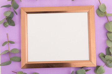 Wooden frame with white background surrounded by green leaves on purple