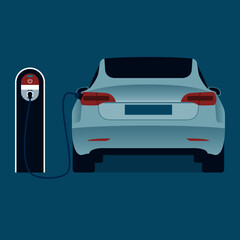 Charging an electric Tesla car at an EV charging station