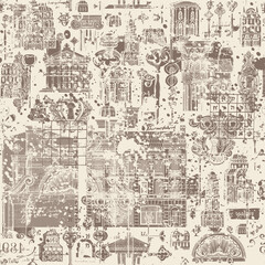 Fototapeta na wymiar Abstract seamless pattern on theme of architecture, houses and buildings. Creative vector background with hand-drawn vintage buildings, architectural elements and old keys. Wallpaper, wrapping paper