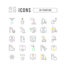 Set of linear icons of 3D Printing