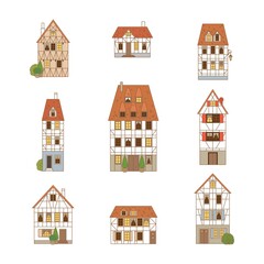 Timber-framed buildings set. Old houses. Europe