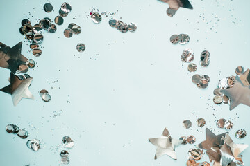 glitter on a light blue background. holidays. new year Christmas, Flat lay. top view. copy spays . special focus. close up
