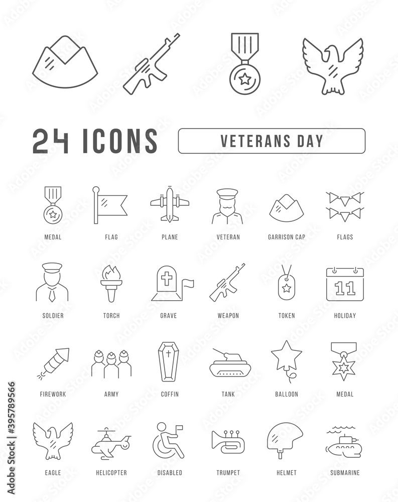 Poster Set of linear icons of Veterans Day