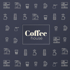 Simple line pattern of coffee shop.  Turk, espresso machine, aeropress, coffee to go, coffee pot, puer-over, french press, home coffee maker vector illustration.