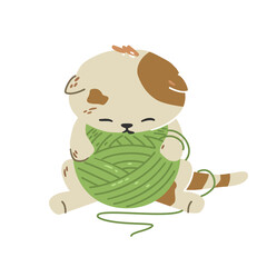 Cute little kitten sleeps among a ball of yarn. Very tired, exhausted cat. Flat illustration.