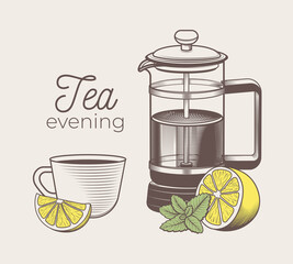 Hand drawn tea cup with lemon and mint and tea French press illustration in engraving style for menu or cafe. Vector vintage tea set.