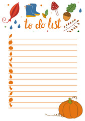 To Do List in doodle style. Vector illustration. Planner in autumn theme. Schedule. Notes template