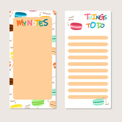 To Do List in doodle style set. Vector illustration. Planner with food theme elements. Schedule. Notes template. Macaroons. Sweet and cute.