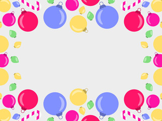 Christmas frame, top view of Christmas decorations with copy space. Colorful Christmas balls. Design a template for invitations, leaflets and greeting cards. Vector illustration