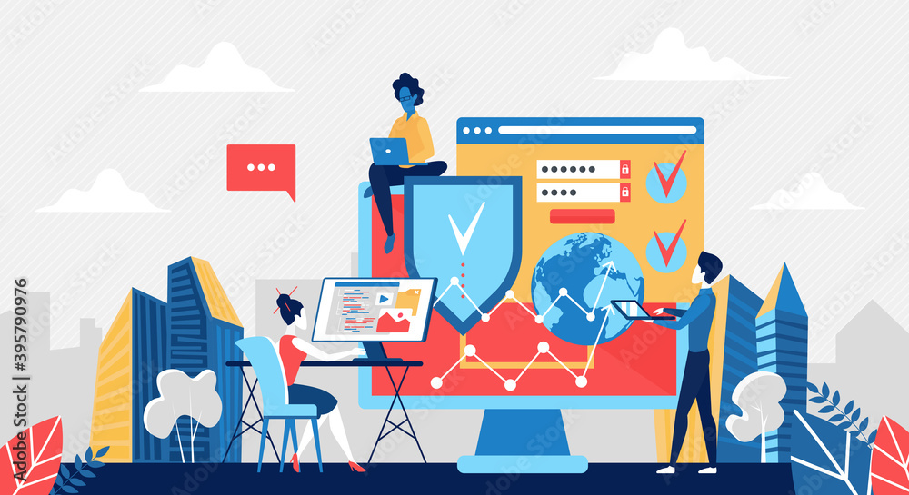 Poster Cyber security service concept vector illustration. Cartoon developer people team working on business network cybersecurity, developing computer protection by antivirus software application background