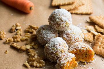 Close View of carrot coconut dessert balls.