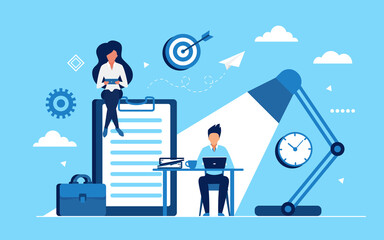 Business people make money vector illustration. Cartoon characters sitting at workplace table in home or office, working on laptop and planning time to solve business work task concept flat background