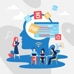 Coding teamwork concept vector illustration. Cartoon programmer team of people work, study of computer science, create code of programming language next to abstract man head silhouette background