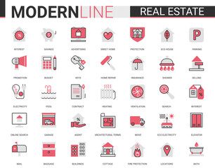 Real estate flat line icon vector illustration set. Linear symbols of house sale or insurance contract, mortgage calculator of home apartment search app, household equipment editable stroke