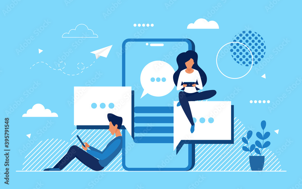 Poster people communicate in online social network vector illustration. cartoon man woman characters networ