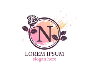 Letter N monogram logo. Circle floral style with beautiful roses. Feminine Icon Design.