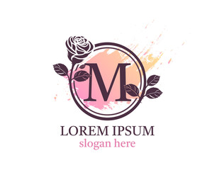 Letter M monogram logo. Circle floral style with beautiful roses. Feminine Icon Design.