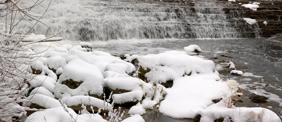 Darnley Cascade on Spencer Creek in winter panorama