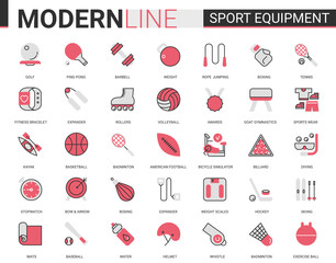 Sport fitness equipment red black flat line icon vector illustration set. Linear sport gear for sportsman symbols with sportswear, exercise gym item, football baseball badminton tennis game collection