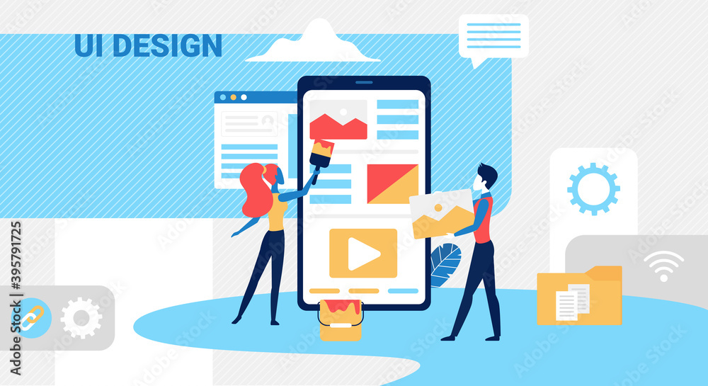 Leinwandbilder People create ui design concept vector illustration. Cartoon tiny designer team working on creative user application interface for smartphone, developer character creating modern mobile app background