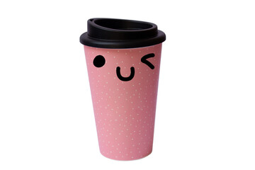 coffee cup pink with dots on a white background and Kawaii face
