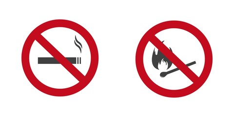 No smoking, No open flame. Forbidden no smoking and no open fire burning red sign. Vector