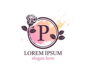 Letter P monogram logo. Circle floral style with beautiful roses. Feminine Icon Design.