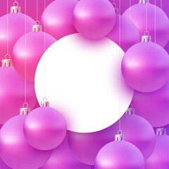 Background with pink christmas tree balls hanging on strings.
