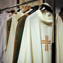 Chasubles of the priest inside the sacristy of a Catholic church 