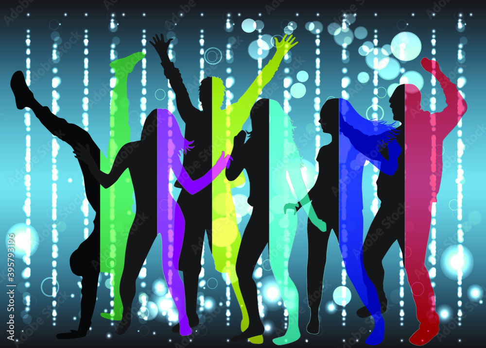 Sticker dancing people silhouettes. abstract background.