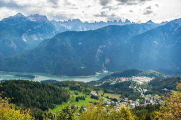 Fototapeta premium Veneto mountains background with river, Italy