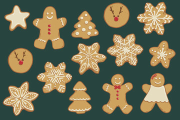 Set of gingerbread Christmas cookies with tree, star, gingerbread man, snowflakes and deer