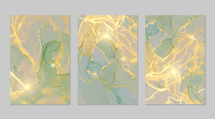 Green-grey and gold marble abstract backgrounds. Set of alcohol ink technique vector stone textures. Modern paint in natural colors with glitter. Template for banner, poster design. Fluid art painting
