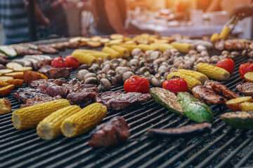grilled vegetable and meat on barbecue at food fest or festival outdoor