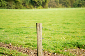 Closeup of a short wooden pole with metal wires connected to it to make a fence near the field