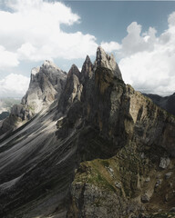 Beautiful mountain shape in Italy called Seceda beyond Ortsei.