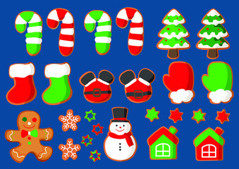 cookie christmas icons winter set christmas decorations in flat and design isolated on blue background illustration vector 