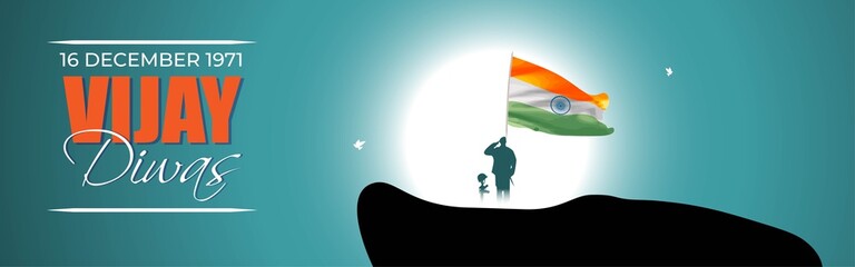 Vector illustration of Vijay Diwas (VICTORY DAY)banner, 16 december 1971, India flag, soldier with rifle and helmet, flying birds, banner template for websites.