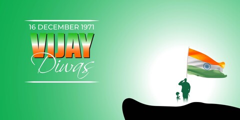 Vector illustration of Vijay Diwas (VICTORY DAY)banner, 16 december 1971, India flag, soldier with rifle and helmet, flying birds, banner template for websites.