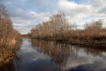 Autumn landscape with trees by the river and cloudy sky