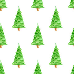 Watercolor seamless pattern with cute green Christmas trees. Hand drawn evergreen fir forest tree ornament isolated on white background. Illustration for wrapping paper, new year celebration design.
