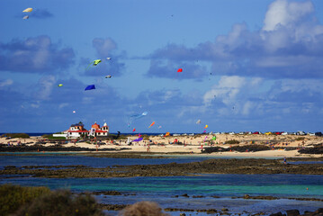 Kite festival on El Cotillo beach with a sunny day on the island of Fuerteventura