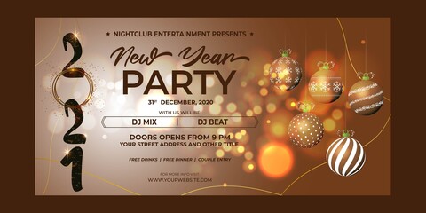 Vector illustration of New Year 2021 party invitation poster with beautiful bokeh background, New year DJ party poster , flyer, big party, free drinks & food, dj night, disco night